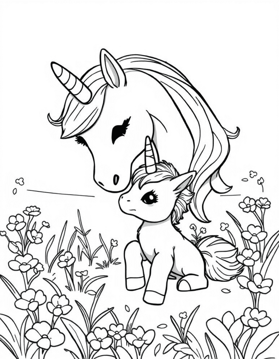 Coloriage Licorne - Maman licorne câlinant tendrement son petit poulain nouveau-né dans une clairière de trèfles, contours nets.