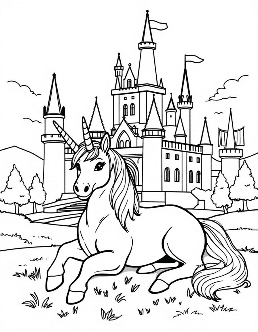 Coloriage Licorne - Licorne féerique couchée devant un grand château aux tours élancées et drapeaux flottants, style facile.