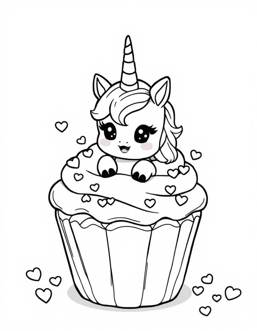 Coloriage Licorne kawaii - Petite licorne kawaii sortant joyeusement d'un gros cupcake d'anniversaire aux petits cœurs en sucre, dessin simple.