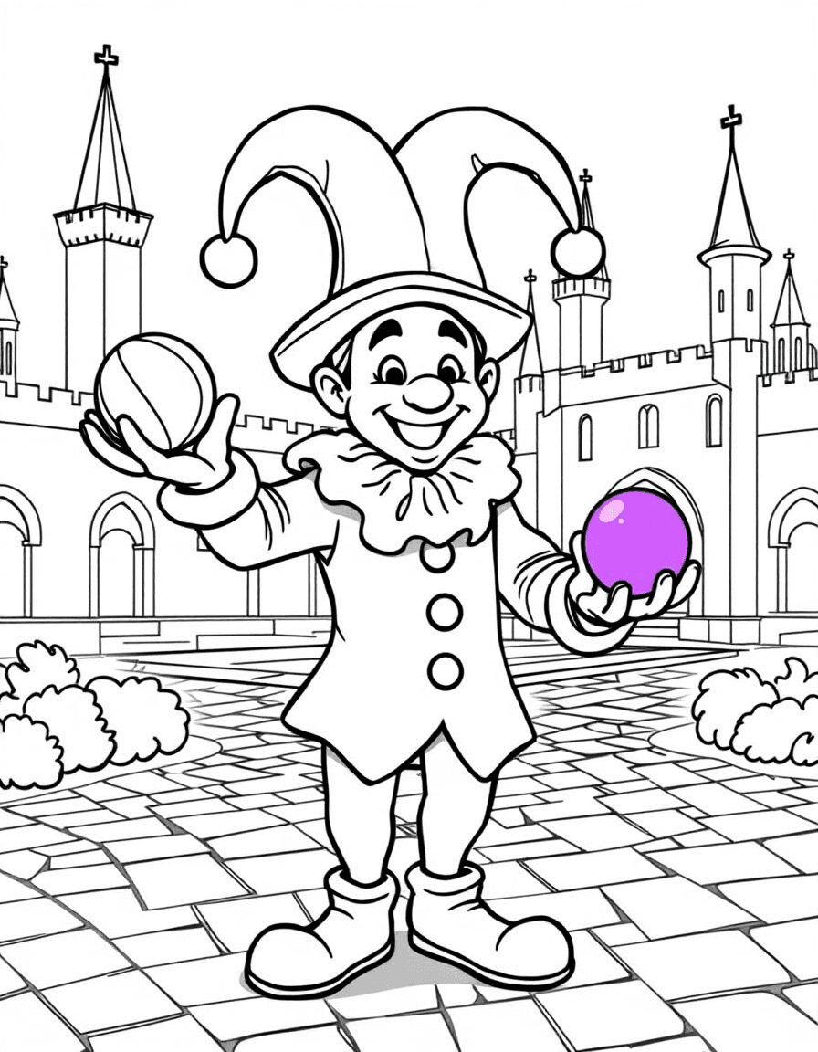 Coloriage Médiéval - Bouffon du roi joyeux coiffé d'un bonnet à grelots jonglant avec trois balles dans la cour du château, dessin simple.