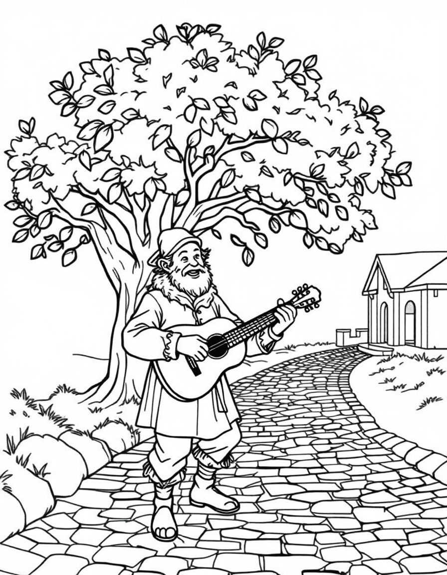 Coloriage Médiéval - Troubadour médiéval jouant du luth et chantant des ballades sous un chêne au bord d'un chemin pavé, contours nets.