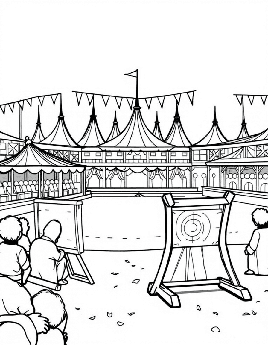 Coloriage Médiéval - Lice de tournoi de chevalerie avec tentes médiévales colorées, fanions et cibles de tir à l'arc, style facile.