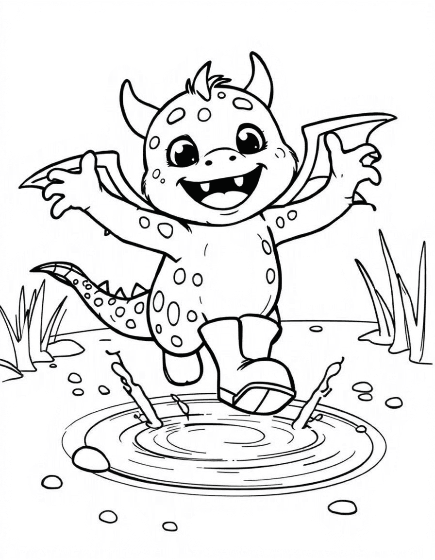 Coloriage Monstre - Monstre tacheté à petites ailes de dragon sautant joyeusement dans les flaques avec des bottes de pluie, dessin simple.