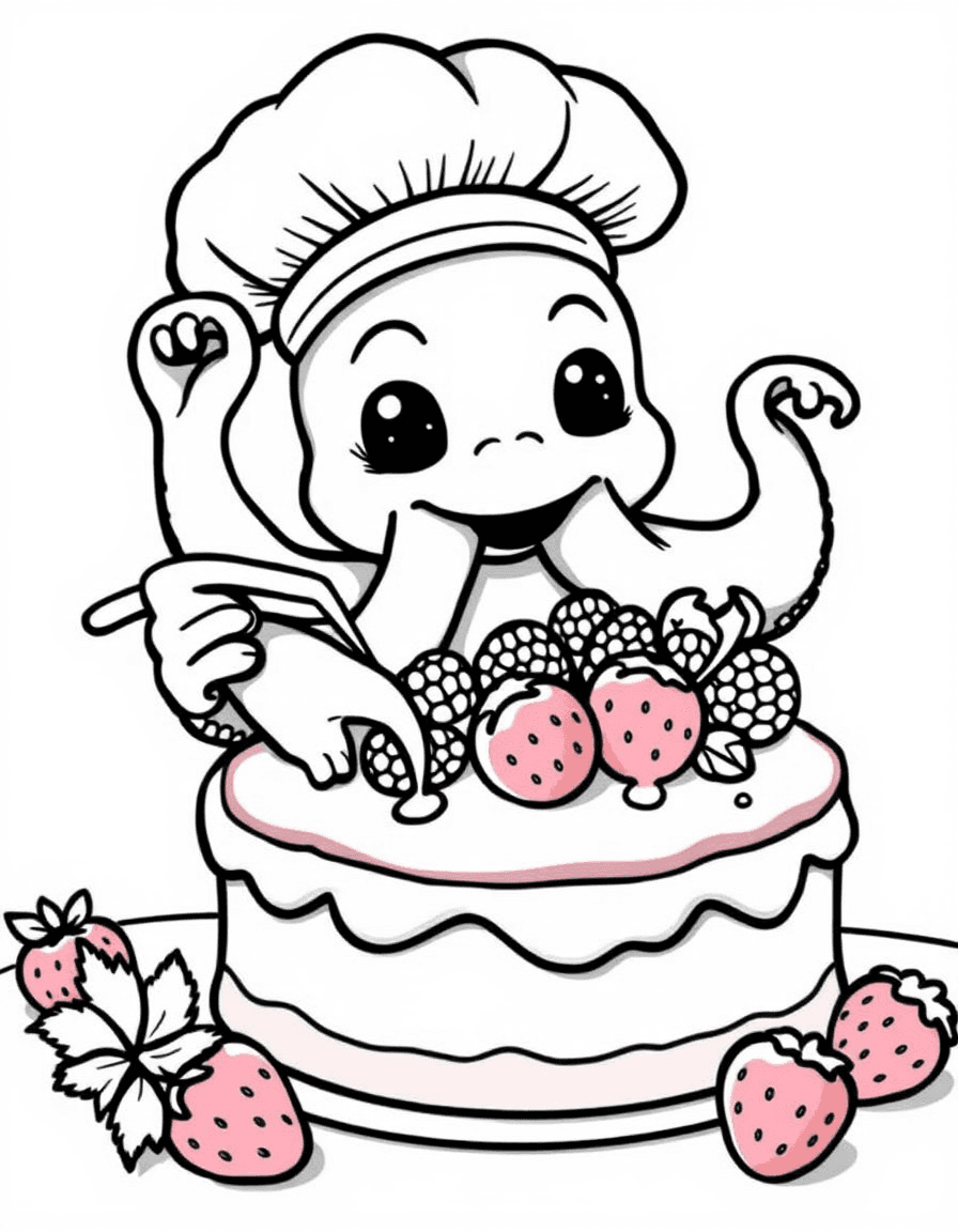 Coloriage Monstre - Monstre à tentacules sympathique coiffé d'une toque de pâtissier décorant un gâteau aux fraises, contours nets.