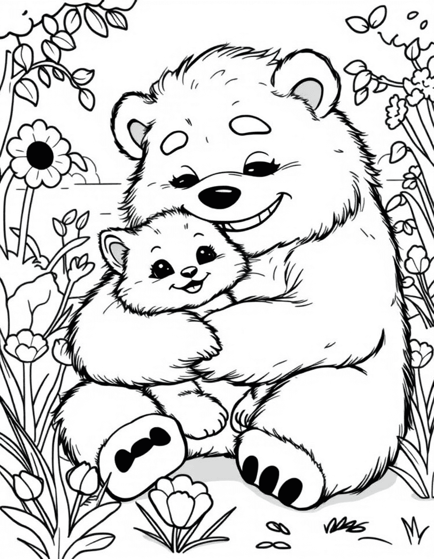 Coloriage Monstre - Gentil géant monstre tout doux faisant un gros câlin protecteur à un petit chaton dans le jardin, contours nets.