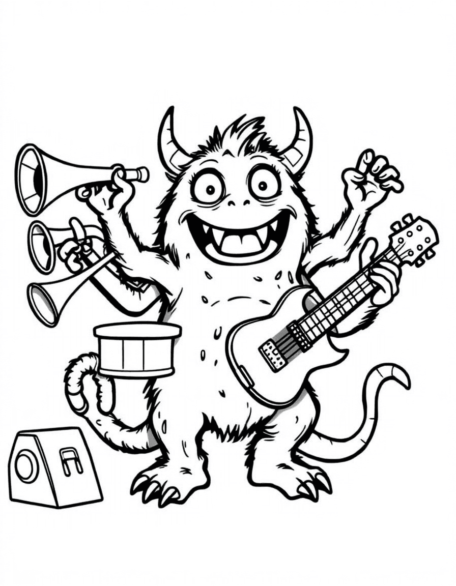 Coloriage Monstre - Monstre farceur à plusieurs bras jouant de plusieurs instruments de musique en même temps, traits nets.