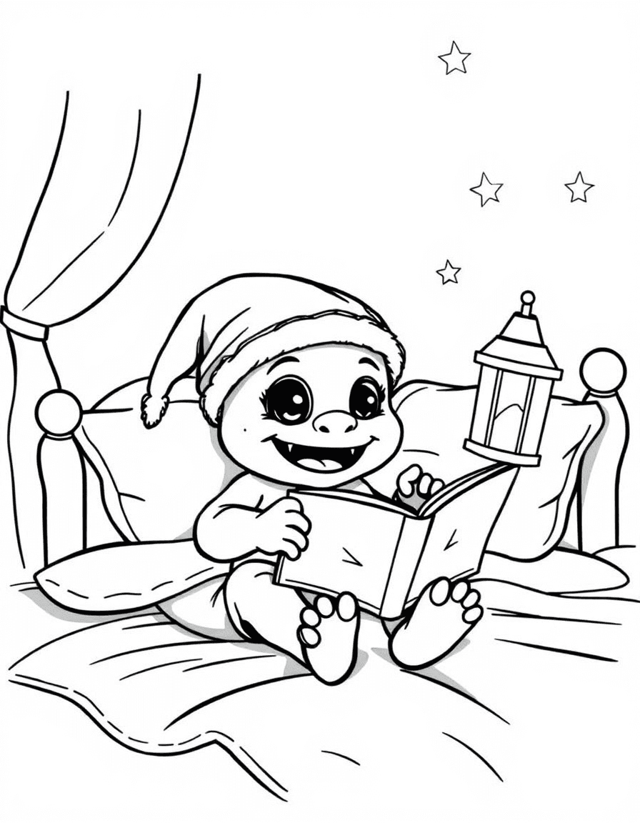 Coloriage Monstre - Bébé monstre au lit en bonnet de nuit lisant un livre de contes à la lueur d'une veilleuse, style facile.