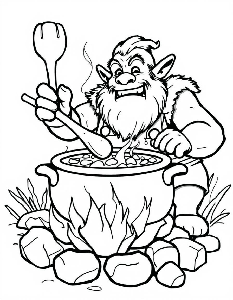Coloriage Ogre - Ogre cuisinier remuant une marmite géante de soupe de légumes au-dessus d'un feu de bois, traits nets sans ombrage.