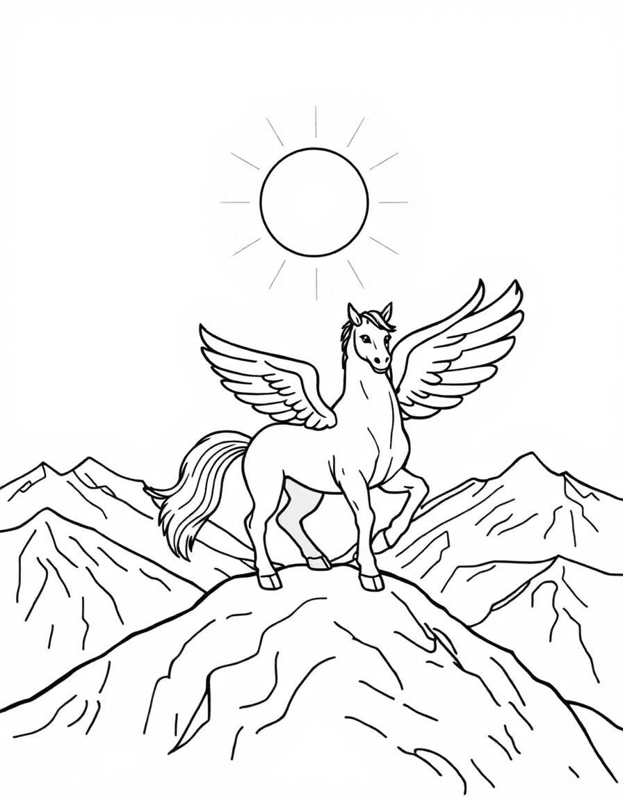 Coloriage Pégase - Beau Pégase blanc dressé fièrement sur un sommet rocheux devant un soleil rayonnant, traits nets sans ombrage.