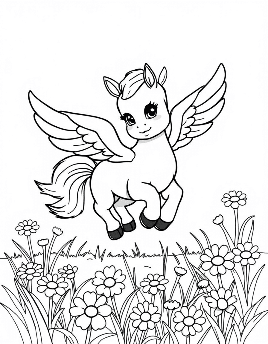 Coloriage Pégase - Bébé poulain Pégase battant joyeusement de ses petites ailes pour apprendre à voler dans les marguerites, dessin simple.