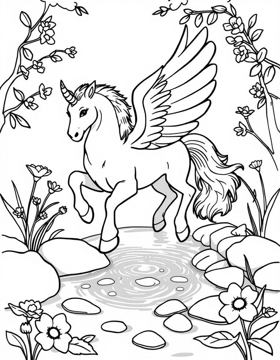 Coloriage Pégase - Pégase buvant l'eau pure de la source sacrée entouré de belles fleurs aquatiques, contours bien définis.