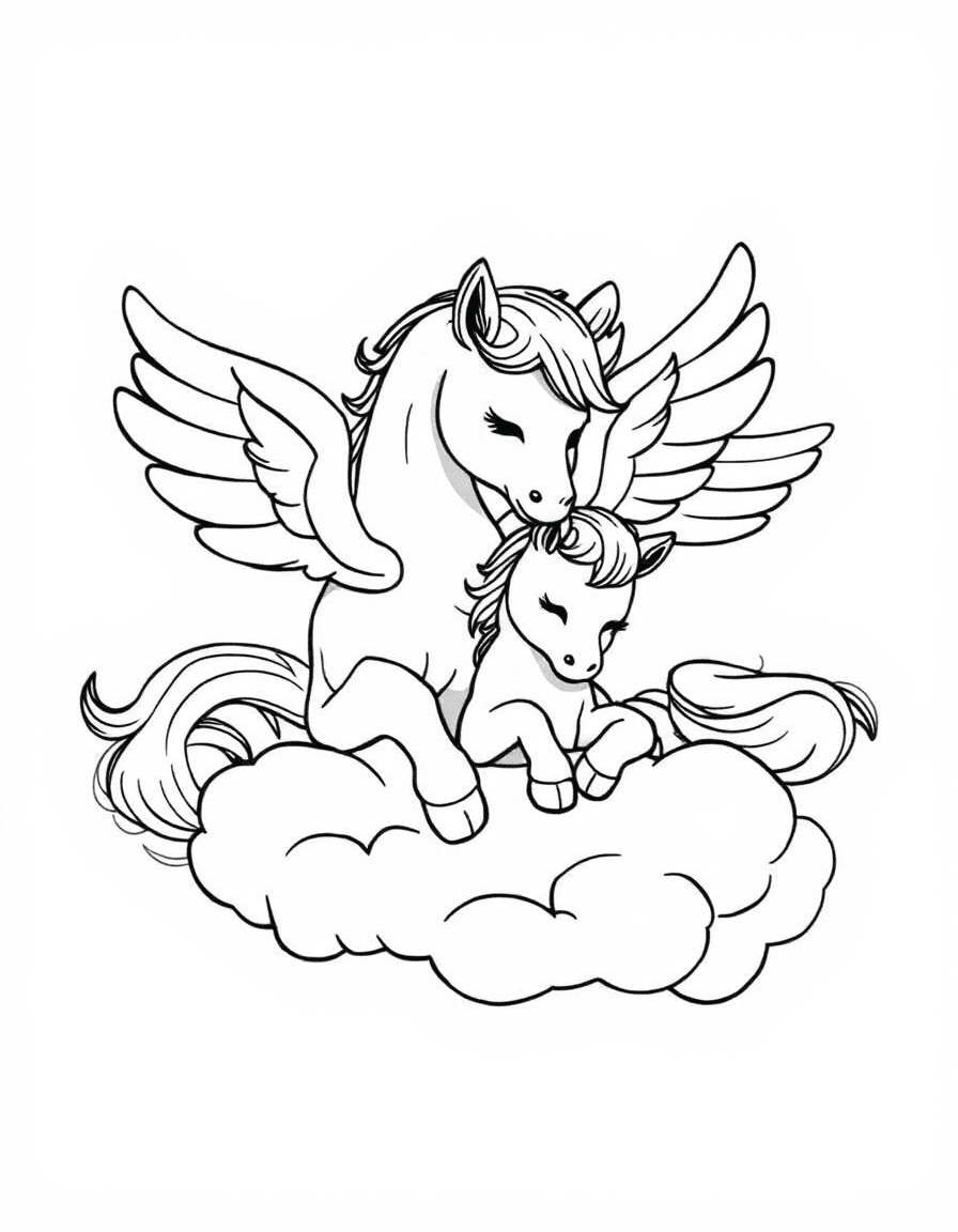 Coloriage Pégase - Maman Pégase enveloppant tendrement son poulain endormi de ses grandes ailes soyeuses sur un nuage, contours nets.