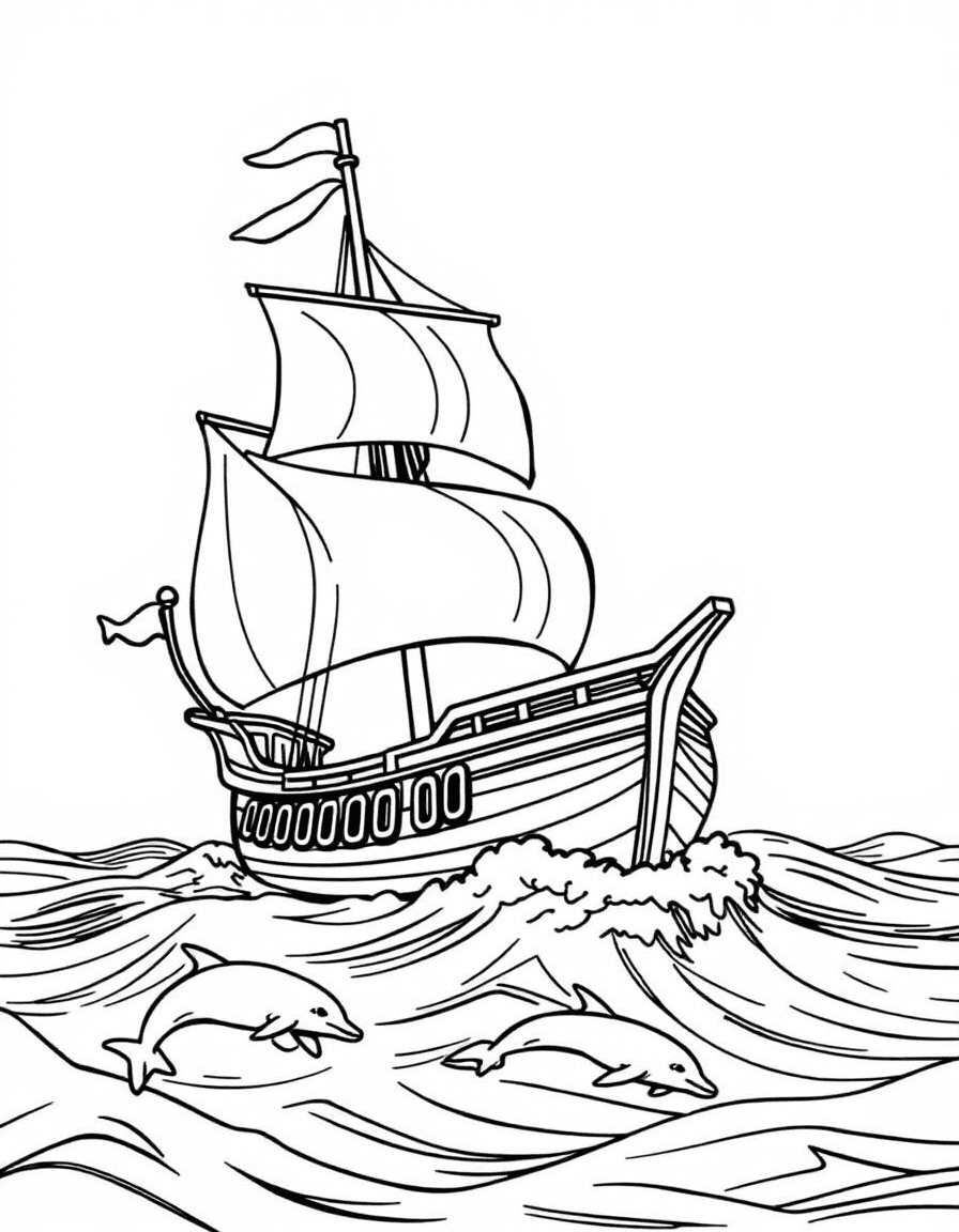 Coloriage Pirates - Grand galion pirate voguant toutes voiles dehors sur l'océan accompagné de dauphins joueurs, traits nets.