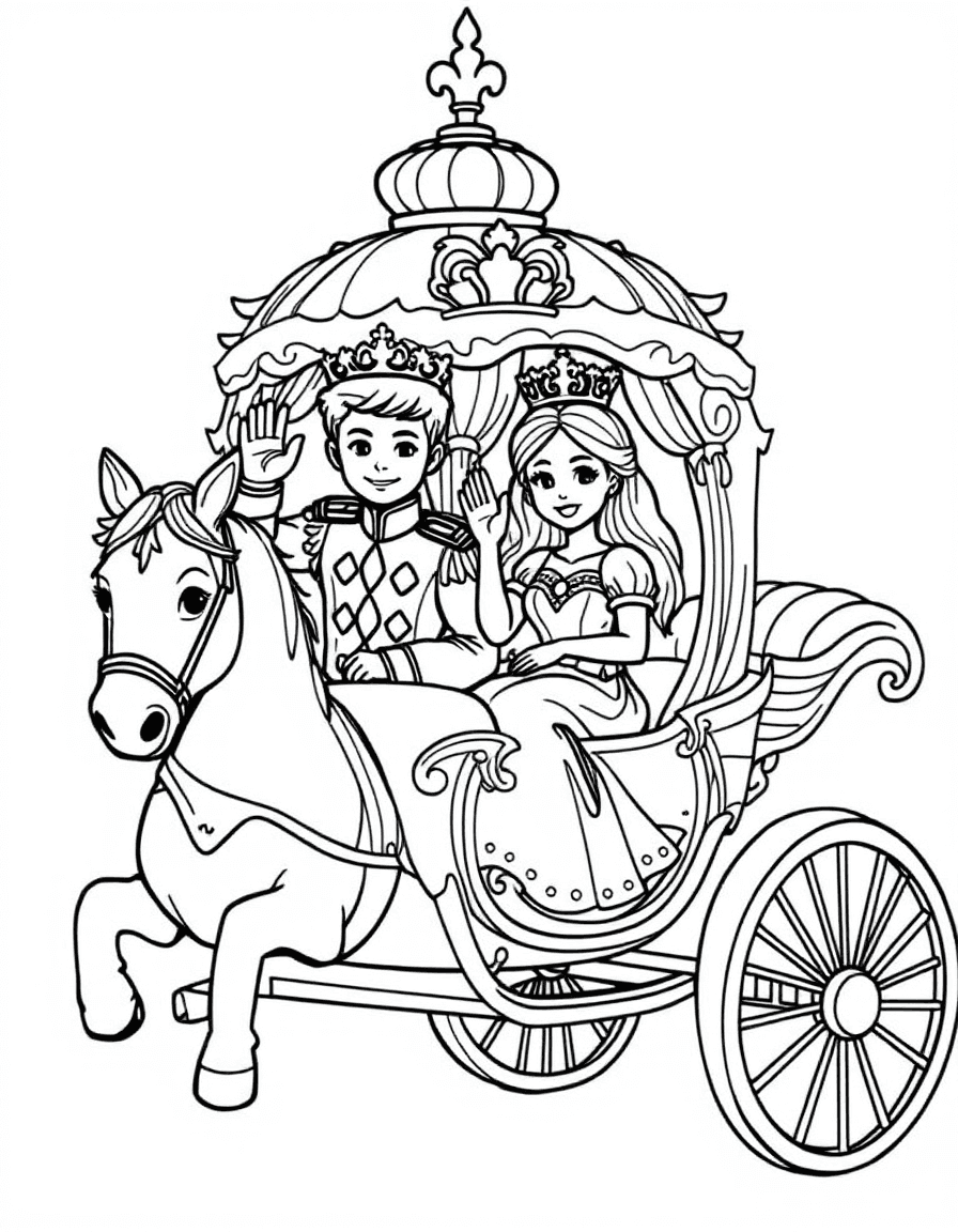 Coloriage Royauté - Prince et princesse saluant la foule depuis la fenêtre d'un beau carrosse royal tiré par des chevaux, traits nets.