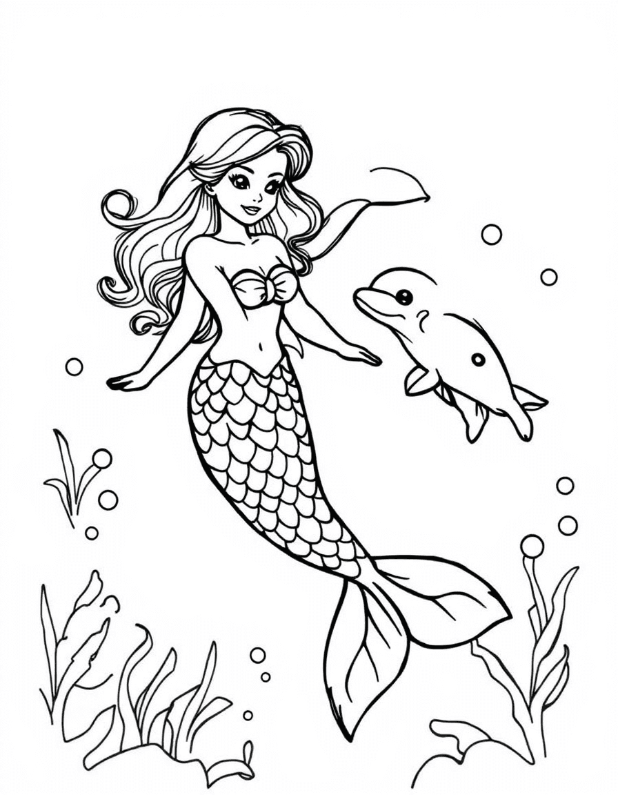 Coloriage Sirène - Sirène gracieuse nageant joyeusement dans les vagues avec une maman dauphin et son petit, traits nets sans ombrage.