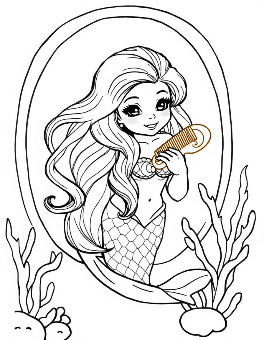 Coloriage Sirène - Sirène coiffant sa longue chevelure avec un peigne coquillage devant un miroir de corail, dessin simple.