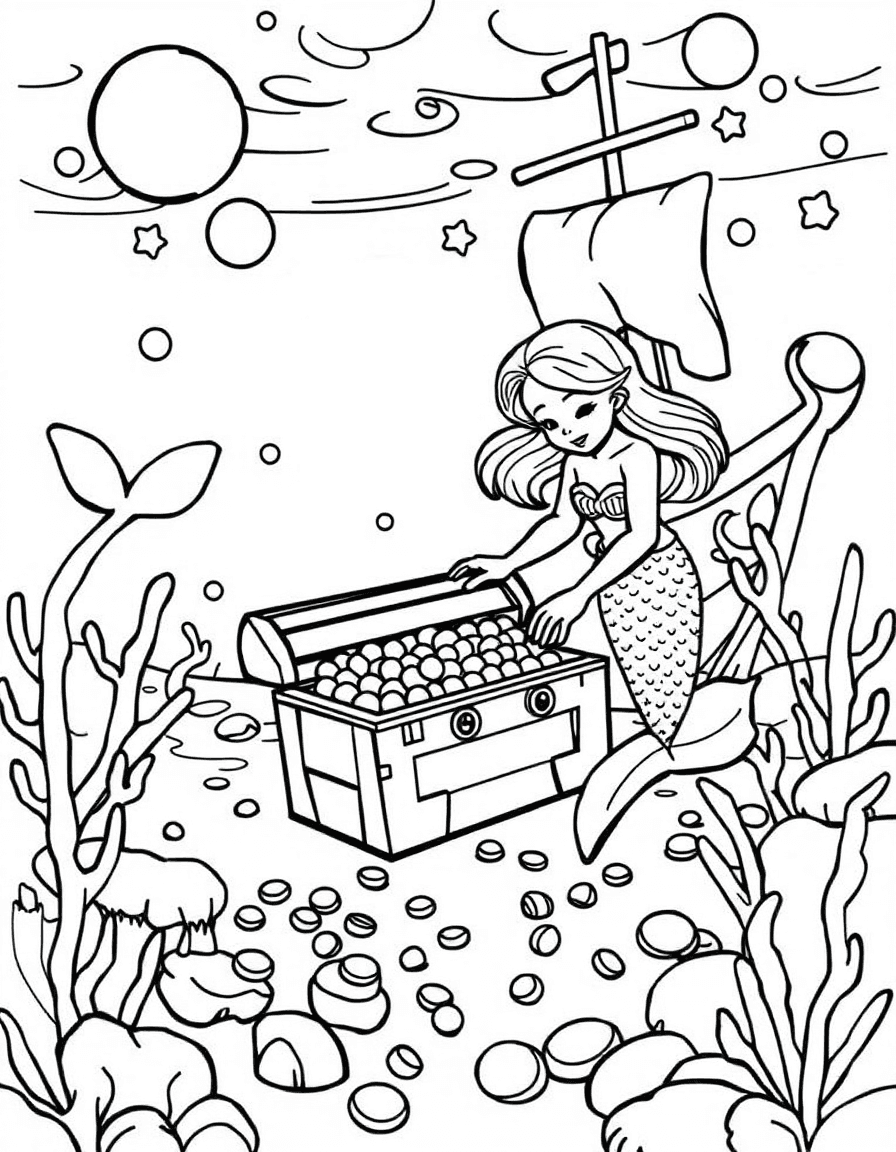 Coloriage Sirène - Sirène explorant une épave engloutie découvrant un coffre aux trésors débordant de perles, contours nets.