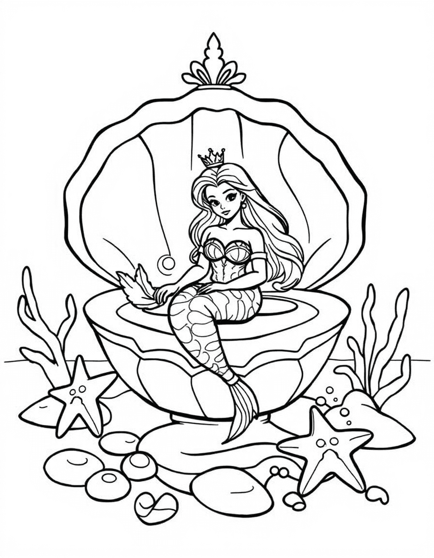 Coloriage Sirène - Princesse sirène assise dans un trône de coquillage géant avec étoiles de mer et perles marines, contours nets.