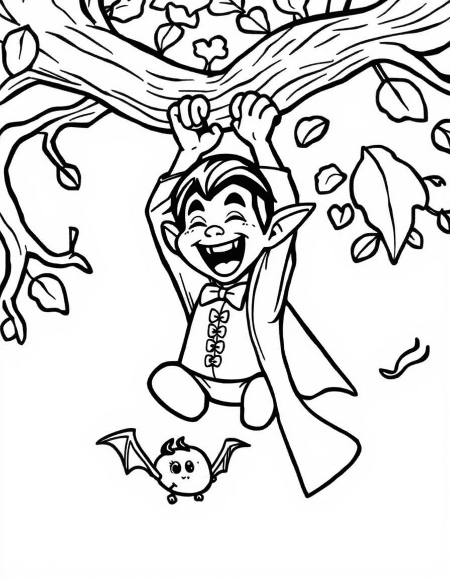 Coloriage Vampire - Vampire farceur suspendu par les pieds à une branche d'arbre riant avec sa petite chauve-souris, traits nets.