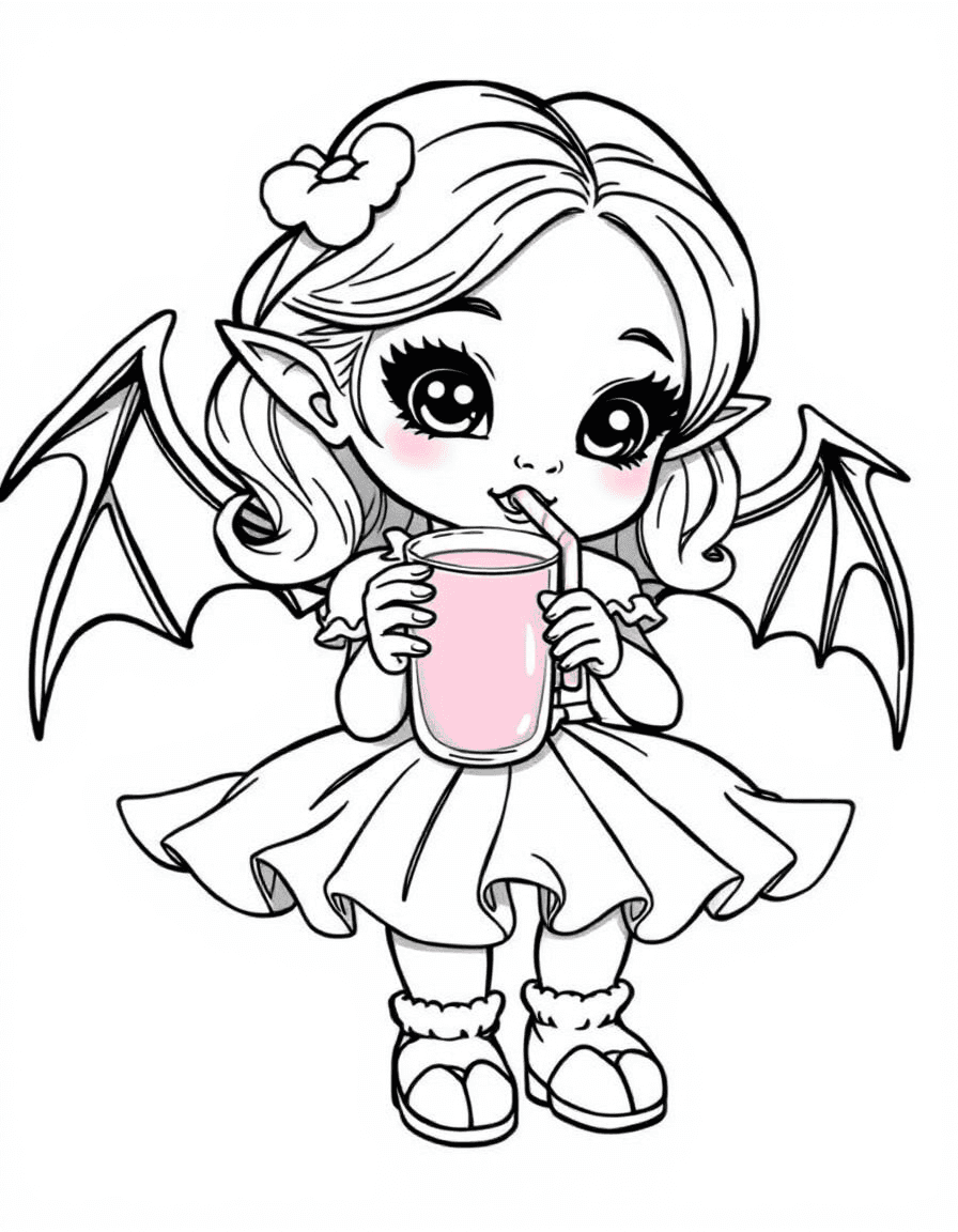 Coloriage Vampire - Petite fille vampire en robe à froufrous dégustant un jus de cerise avec une paille ondulée, dessin simple.