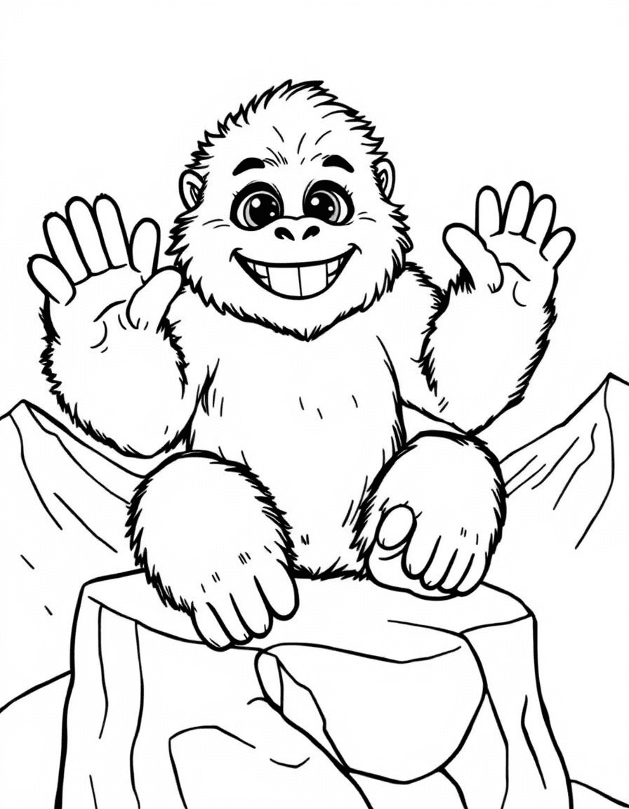 Coloriage Yeti - Gentil géant yéti tout blanc et poilu assis sur un rocher enneigé souriant et faisant coucou, contours nets.