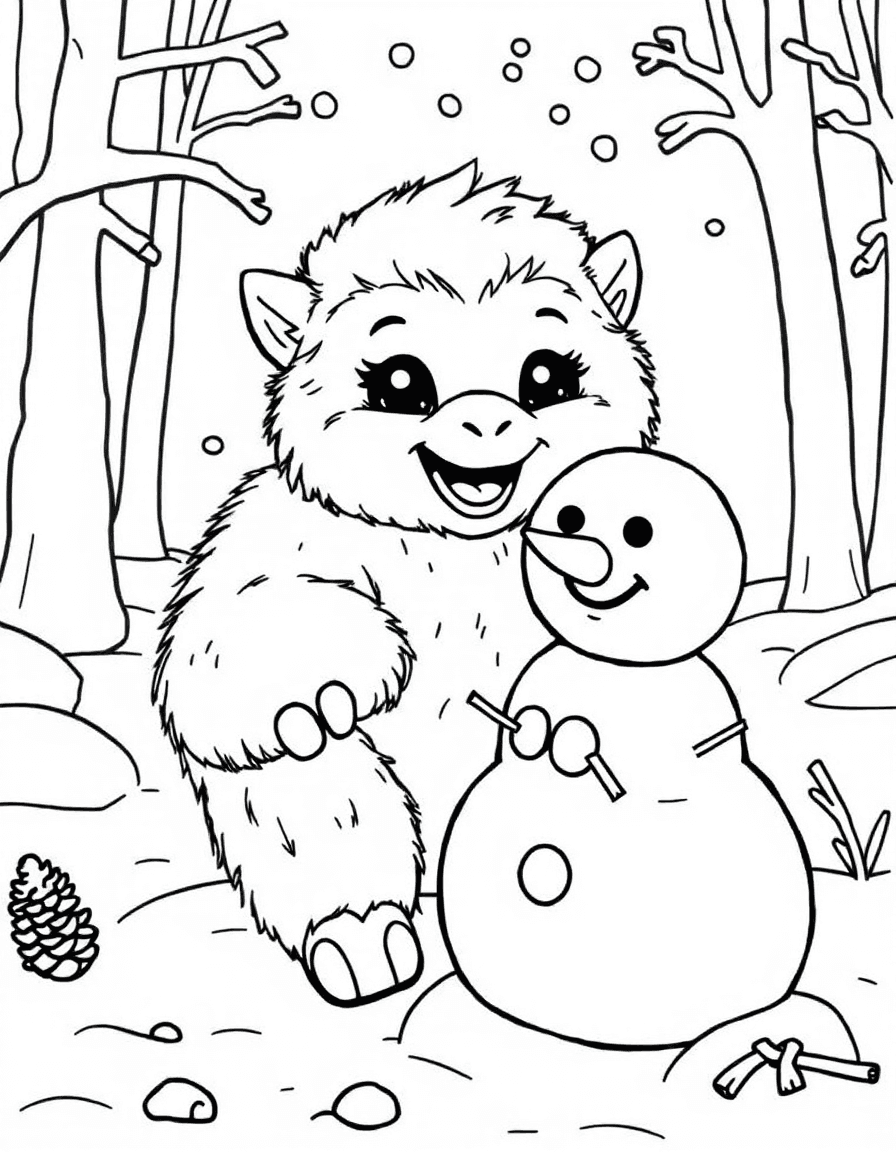 Coloriage Yeti - Bébé yéti construisant un bonhomme de neige rigolo avec des boutons en pomme de pin dans les bois, dessin simple.