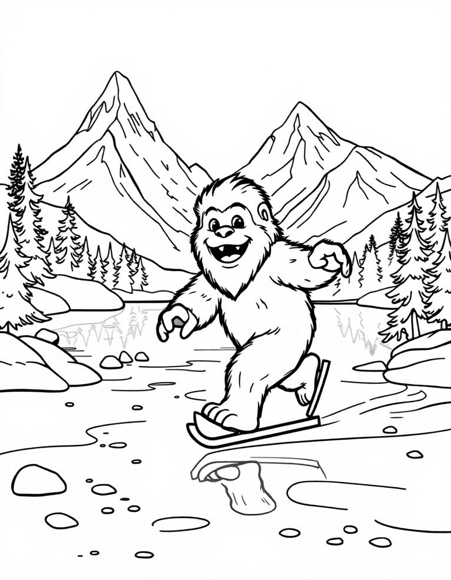 Coloriage Yeti - Yéti joueur patinant gracieusement sur un lac de montagne gelé bordé de hauts sapins, contours bien définis.