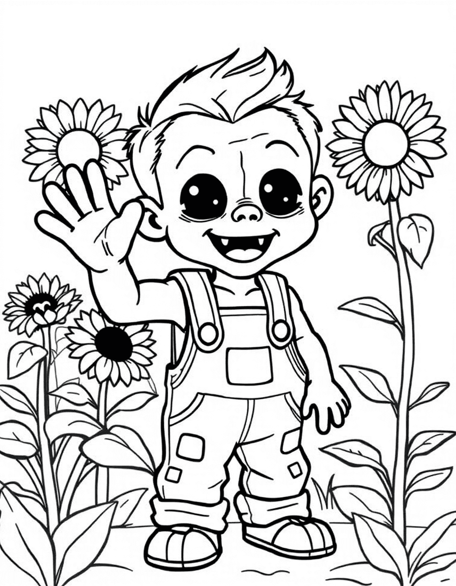 Coloriage Zombie - Petit zombie rigolo et amical en salopette rapiécée souriant et saluant dans un jardin de tournesols, contours nets.