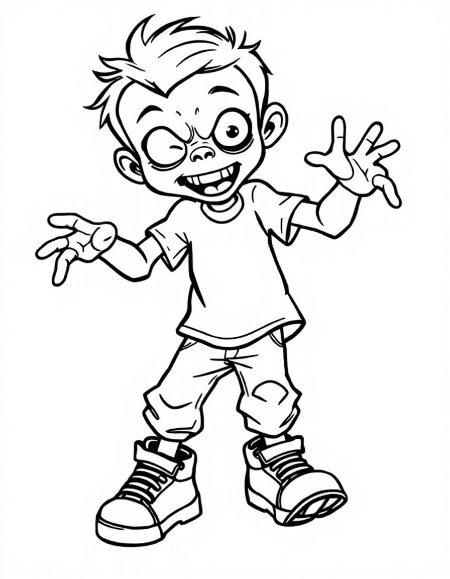Coloriage Zombie - Zombie rigolo dansant une gigue amusante avec des baskets dépareillées, traits nets sans ombrage.
