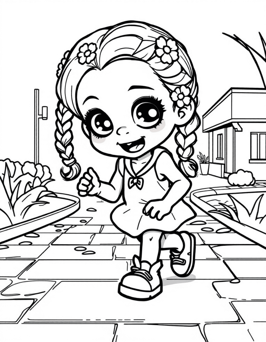 Coloriage Zombie - Petite fille zombie aux nattes ornées de marguerites jouant à la marelle sur un chemin pavé, dessin simple.