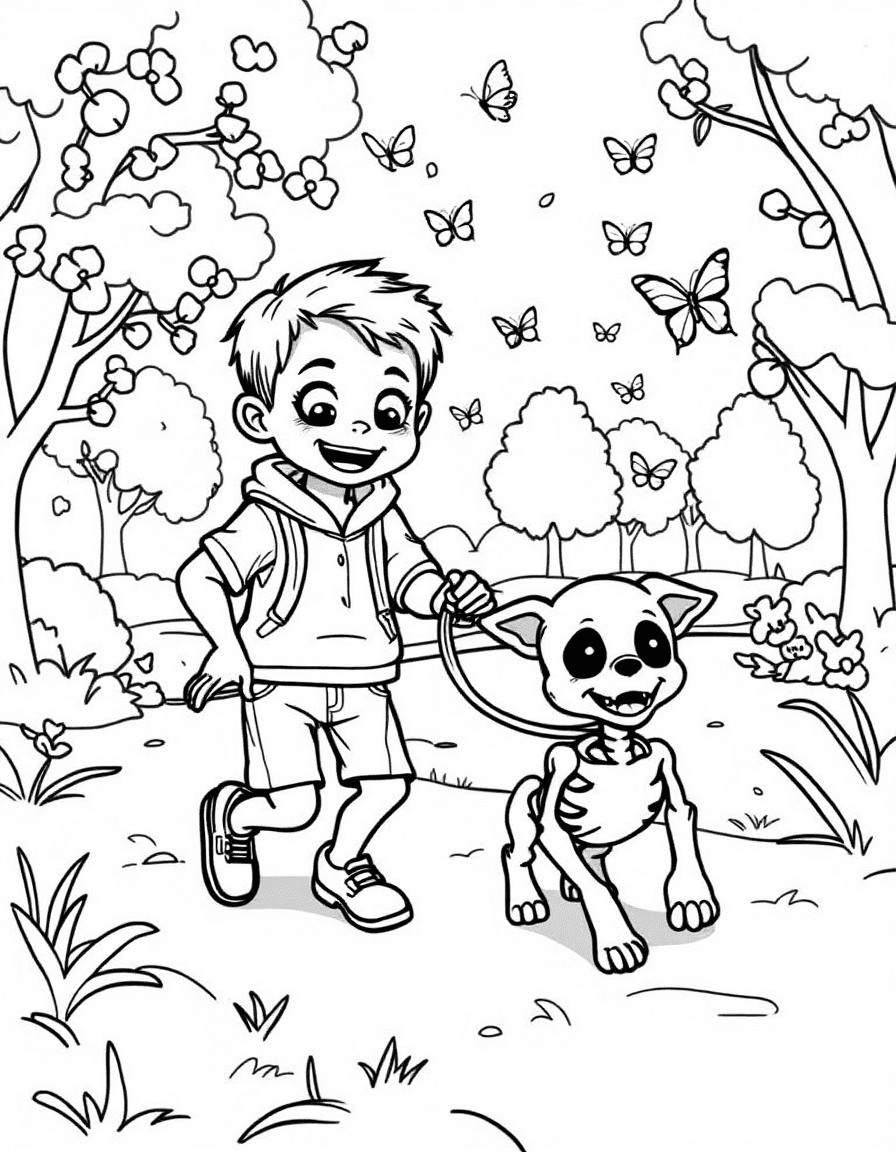 Coloriage Zombie - Garçon zombie promenant son petit chiot squelette en laisse dans un parc ensoleillé avec des papillons, contours nets.