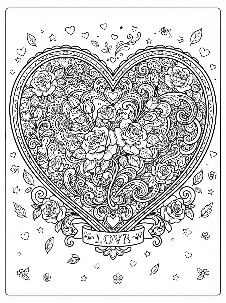 Coloriage Grand Cœur en Dentelle et Roses Romantiques