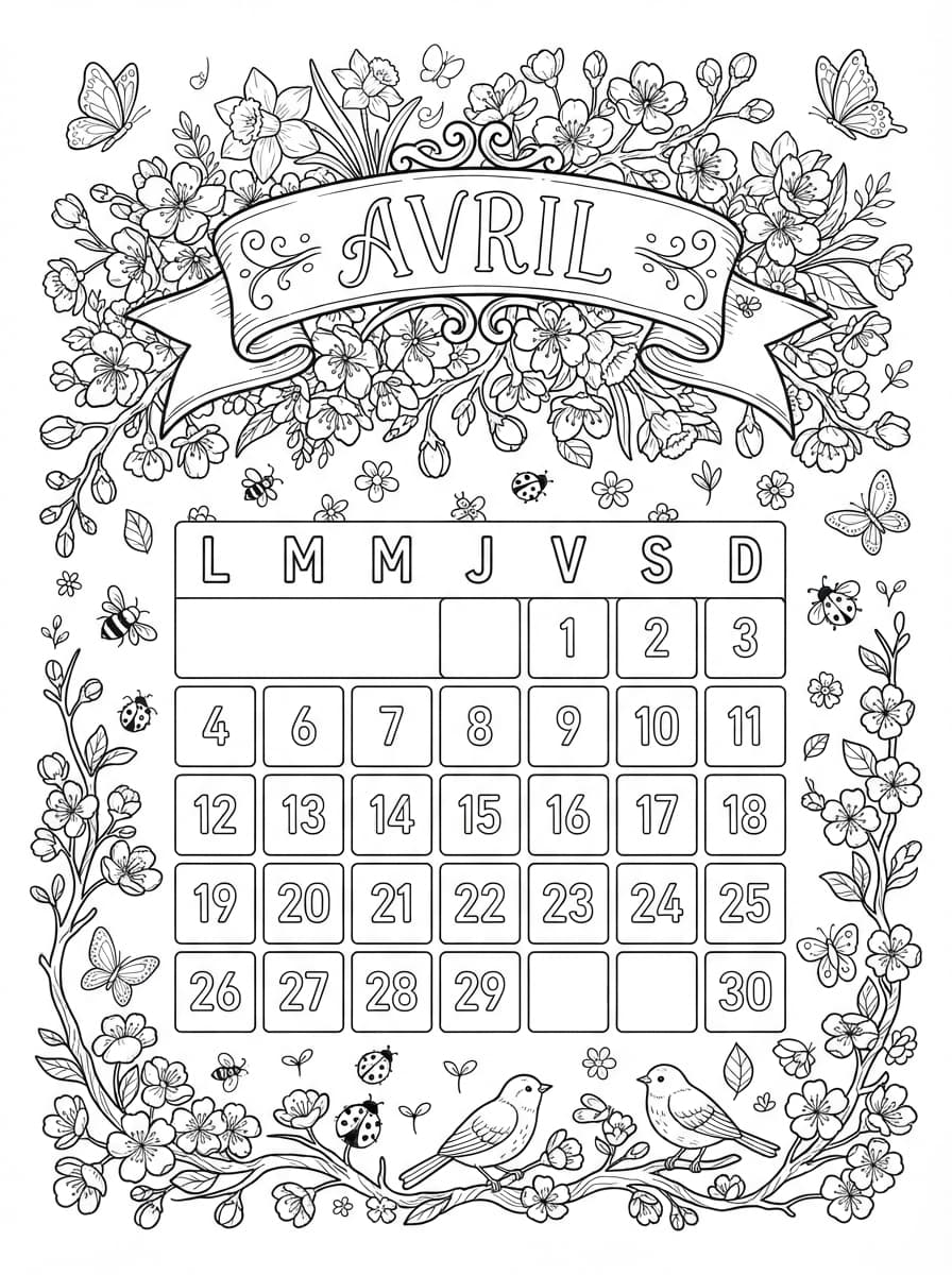Coloriage Calendrier d'Avril Printanier et Jonquilles