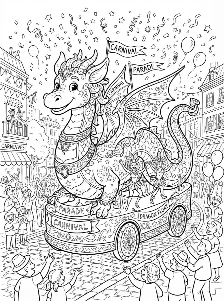 Coloriage Le Grand Dragon du Carnaval et ses Confettis