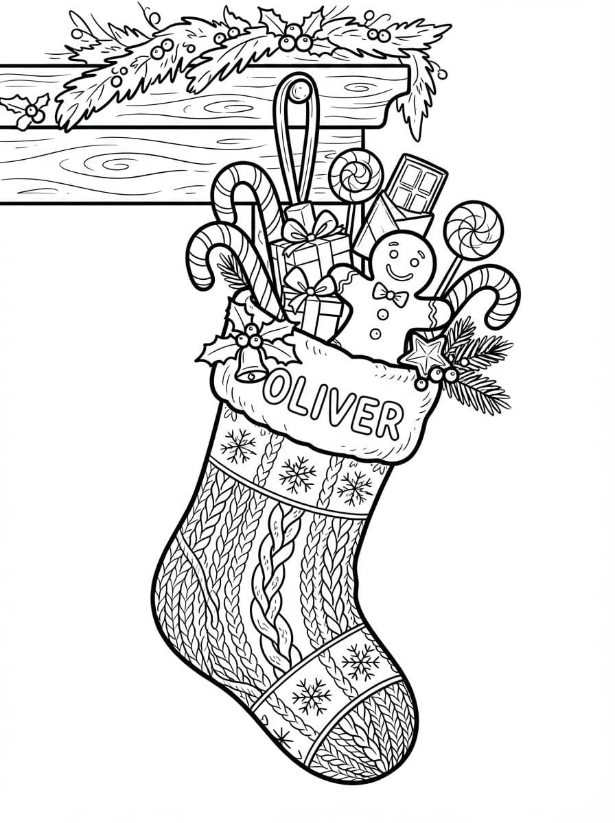 Coloriage Chaussette de Noël et Gourmandises Festives