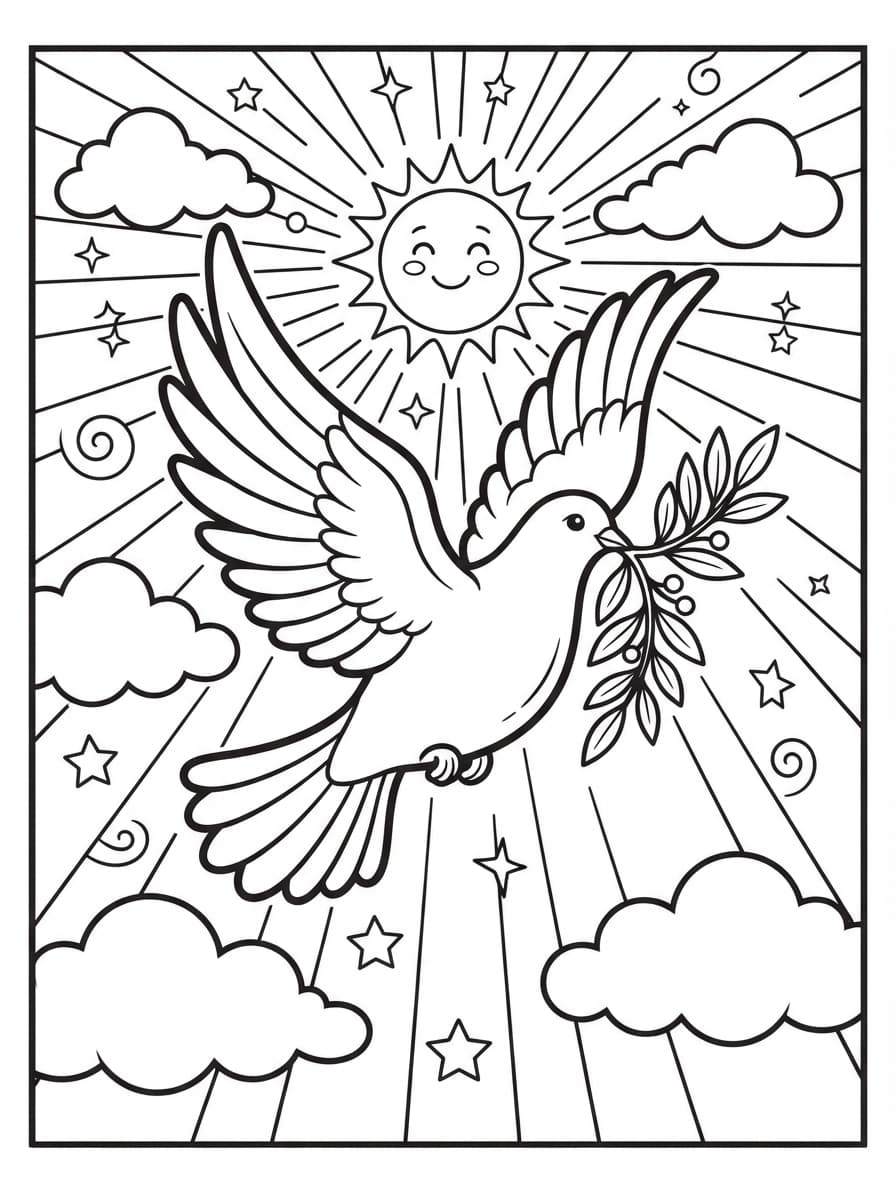 Coloriage Colombe de la paix et rayons de lumière