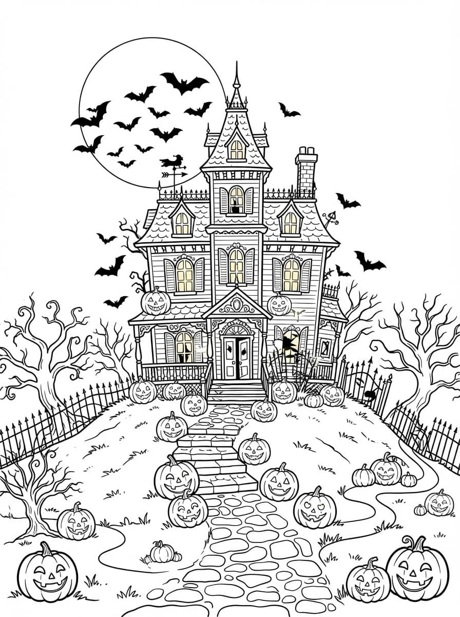 Coloriage Le Manoir Mystérieux d'Halloween sous la Pleine Lune