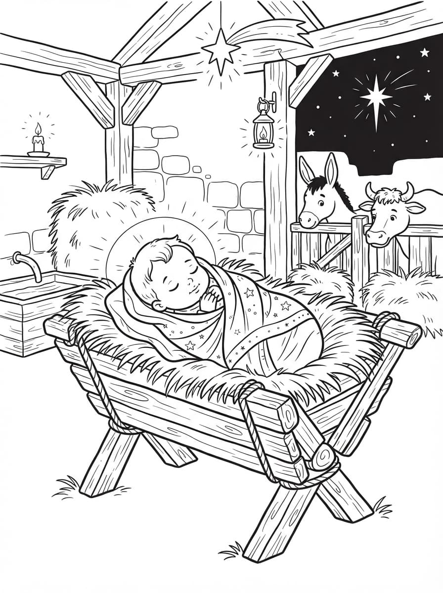 Coloriage Bébé Jésus Endormi dans la Crèche