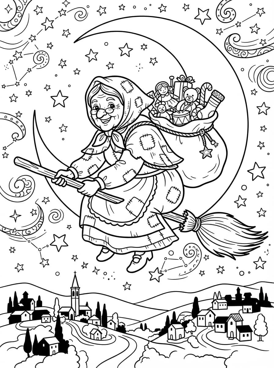 Coloriage La Befana et son vol magique dans la nuit étoilée