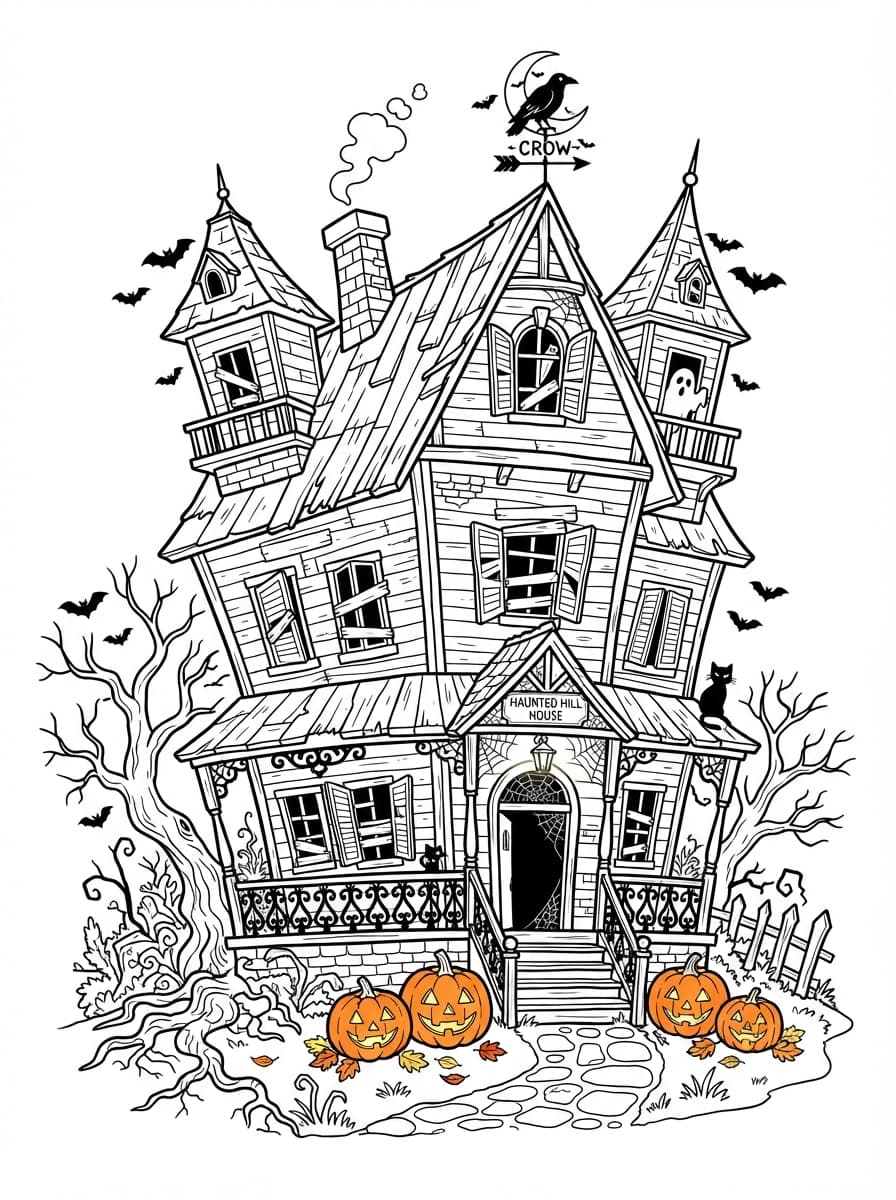 Coloriage La Mystérieuse Maison Hantée d'Halloween