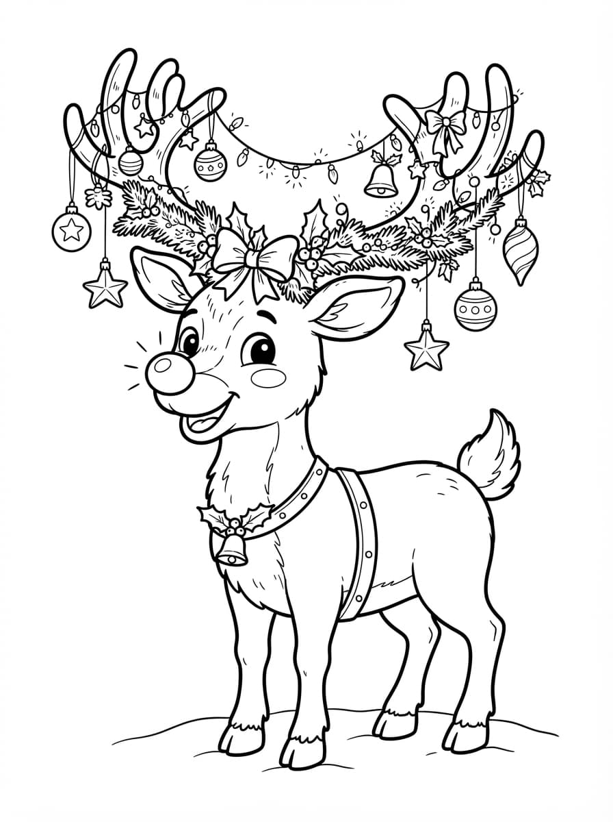 Coloriage Rudolph le Renne au Nez Rouge et ses Décorations