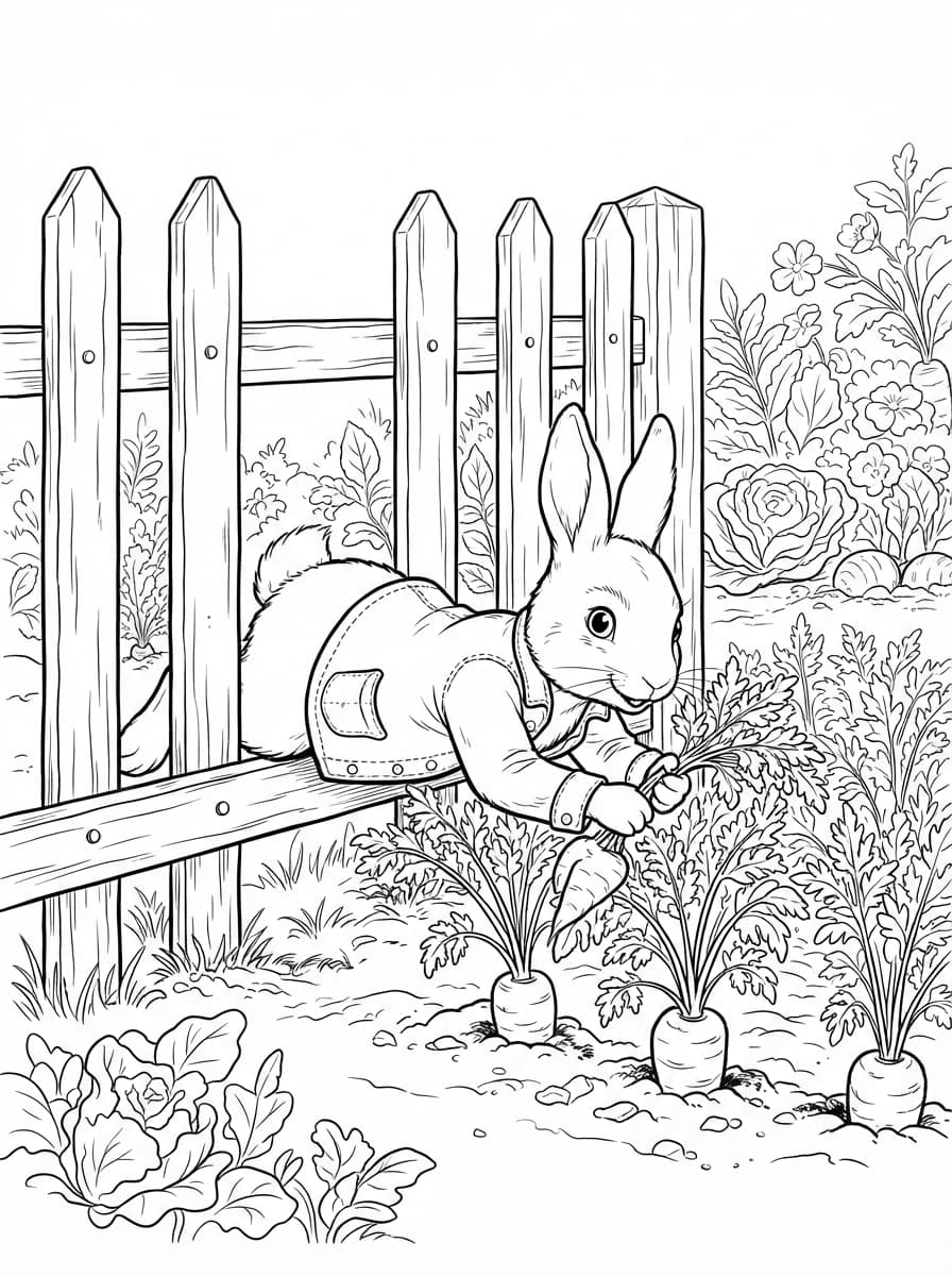 Coloriage Pierre Lapin et les Carottes du Potager