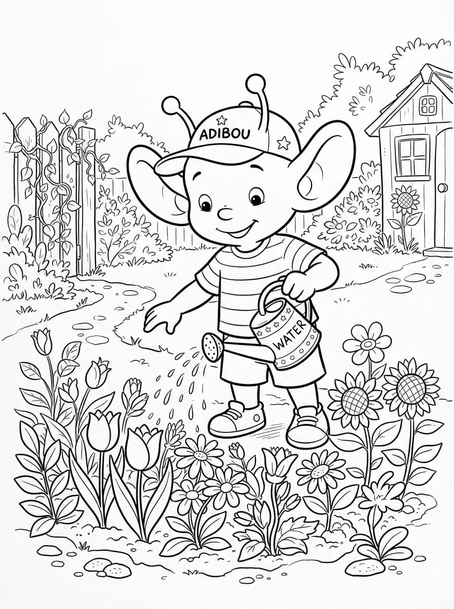 Coloriage Adibou et son arrosoir magique