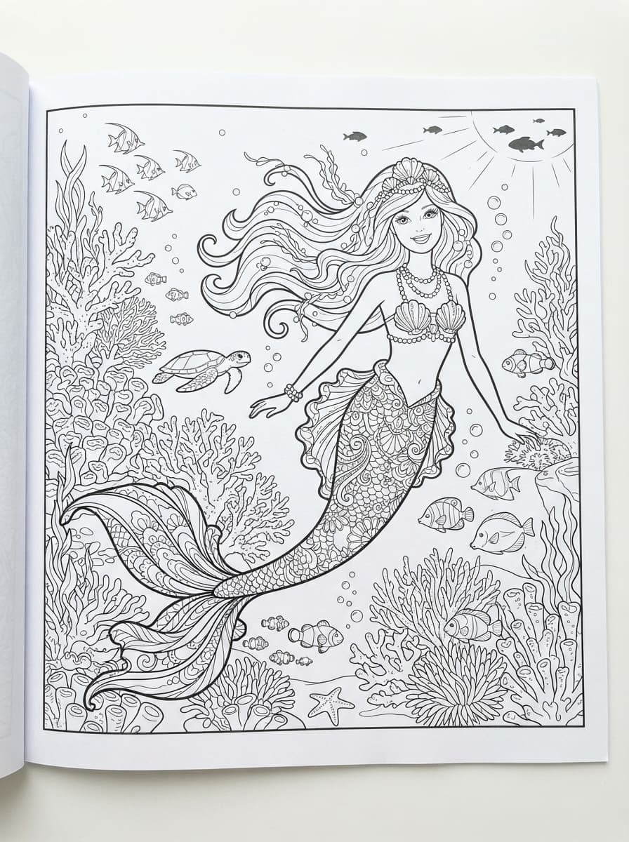 Coloriage Barbie Sirène parmi les Coraux Féeriques