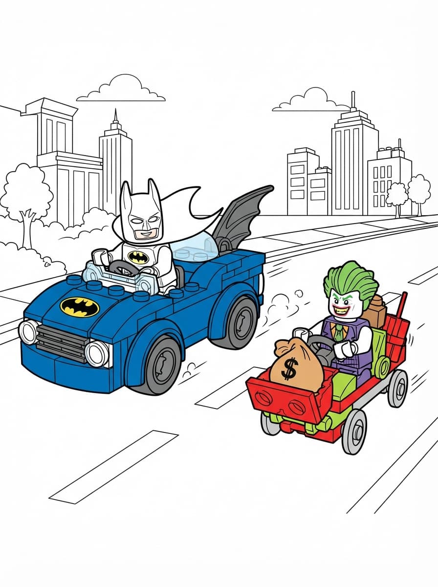 Coloriage Batman LEGO Junior et la Batmobile contre le Joker