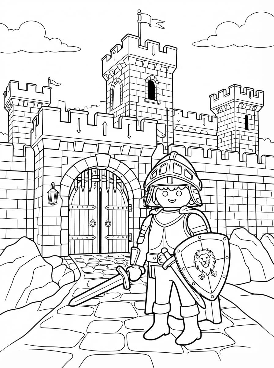 Coloriage Le Brave Chevalier Playmobil Devant Son Château