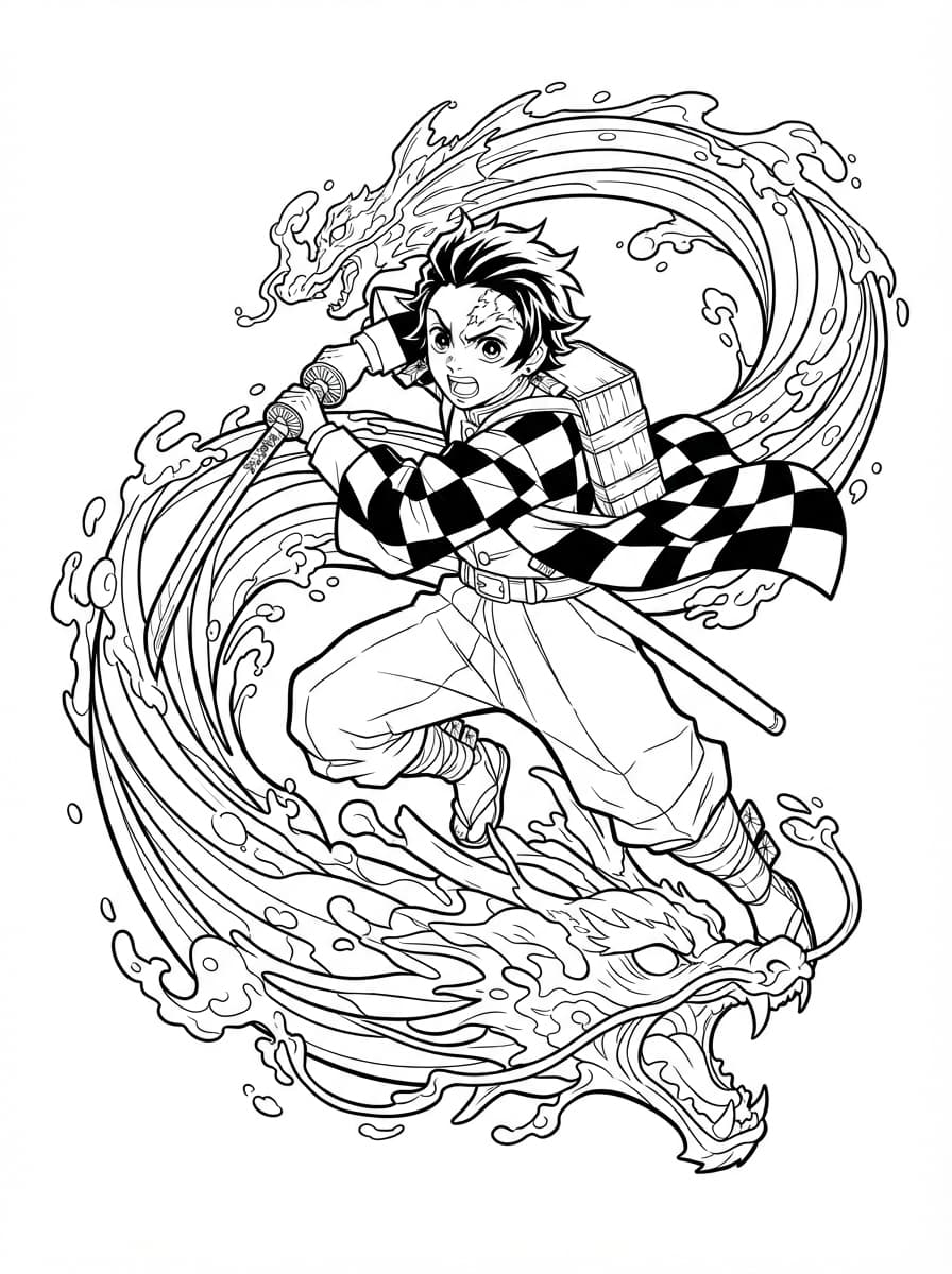 Coloriage Tanjiro Kamado et le Souffle de l'Eau