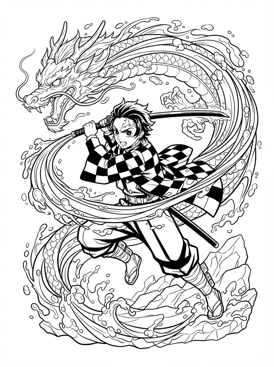 Coloriage L'Attaque Aquatique de Tanjiro