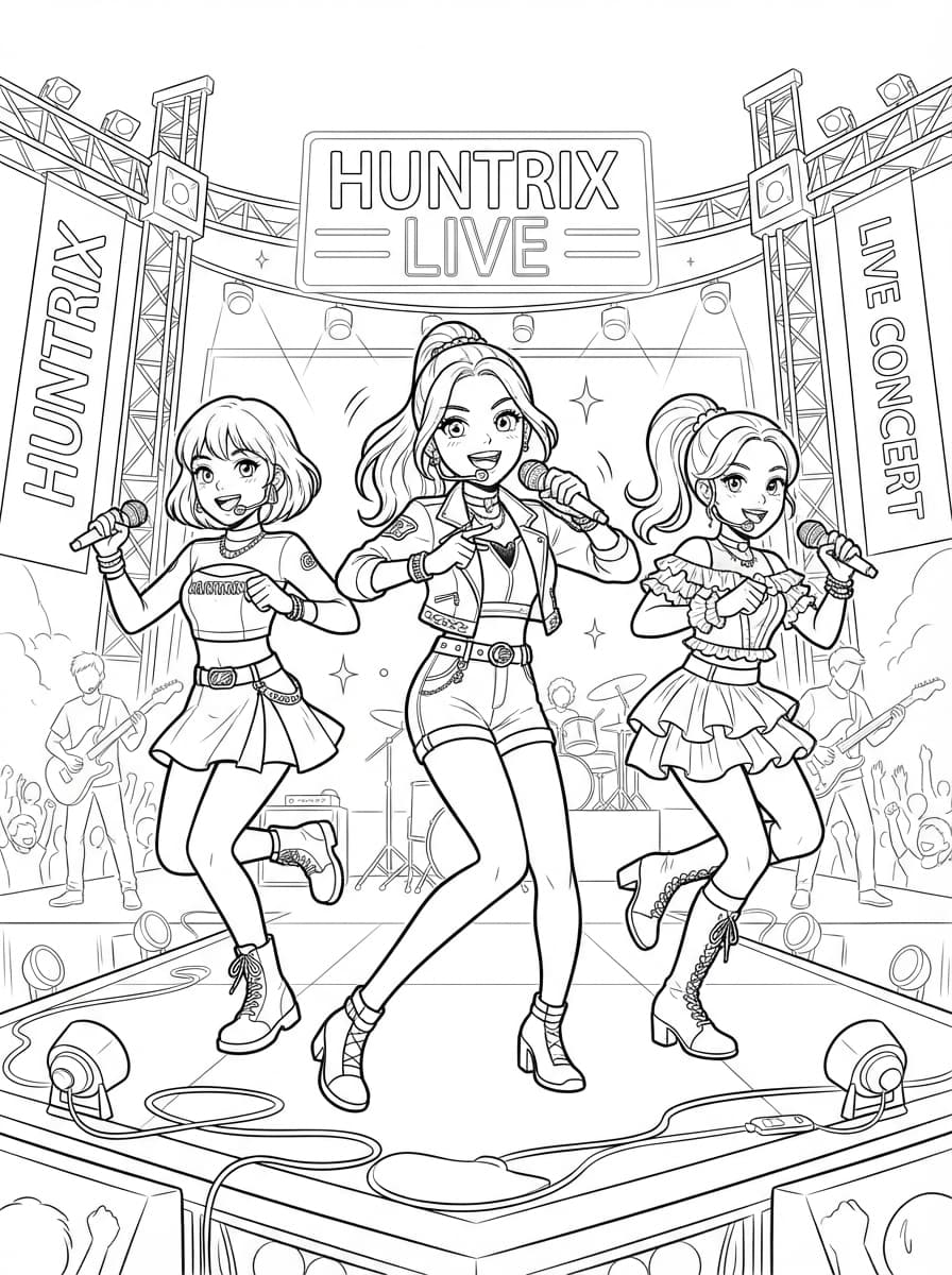 Coloriage Huntrix en Concert : Rumi, Mira et Zoey sur Scène