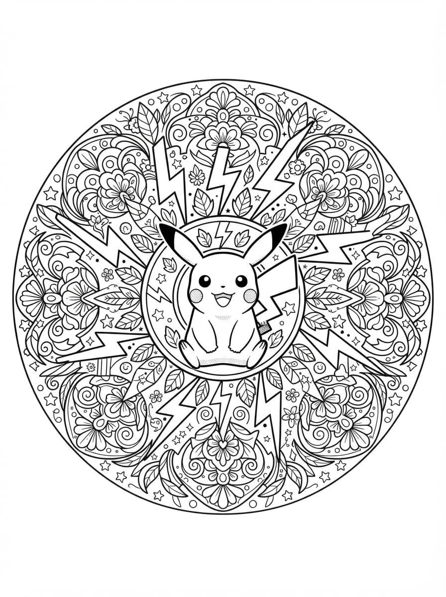 Coloriage Mandala Pikachu et Éclairs Fleuris